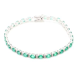 18k WG Oval Emeralds & Round brilliant Natural Diamond Bracelet