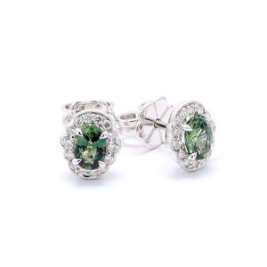 18k WG Art Deco style studs with Milgrain details set with Oval Green Sapp & RBC Nat Diamonds G/SI1 (TW=1.29ct)