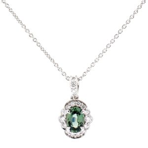 18k WG Art Deco style Oval Green Sapp & Natural Diamonds