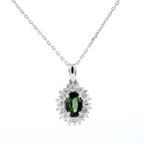 18k WG pendant Oval Aust Teal Sapp & Natural Diamonds