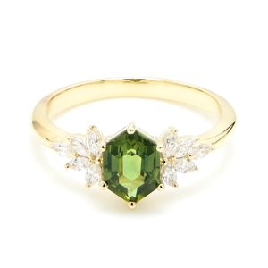 9k YG 1.16ct Hexagonal shape Aust Green Sapp with MQ shape Nat Diamonds