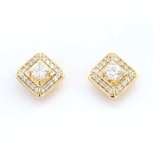 18k YG Diamond shape studs set with RBC Nat Diamonds G/SI with butterflies (Approx TDW= 0.40ct)