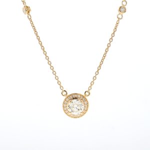 18k YG Halo style pendant set with 0.51pts RBC Nat Diamonds with diamonds by the yard chain G/SI (Approx TDW= 0.62ct)