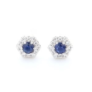 18k WG Hexagonal cluster earrings set with RBC blue sapphires & RBC Nat Diamonds G/SI1 with butterflies (TW= 0.61ct)
