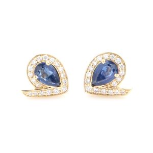 18k YG V Droplet earring studs set with 6x4mm Pear shape Blue Sapp & RBC Nat Diamonds G/SI1 with butterflies (Approx TW= 1.02ct)