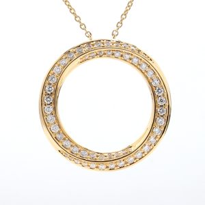 18k YG Spiral Circle pendant set with RBC Nat Diamonds G/SI1 with 18k YG chain (Approx TDW= 0.68ct)