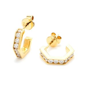18k YG Hexagonal half hoop style earrings with 1.9mm RBC Nat Diamonds G/SI with butterflies(Approx TDW= 0.69ct)