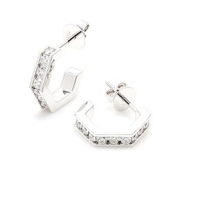 Hexagonal half hoop style earrings with 1.9mm RBC Nat Diamonds G/SI with butterflies (Approx TDW= 0.68ct)