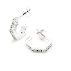 Hexagonal half hoop style earrings with 1.9mm RBC Nat Diamonds G/SI with butterflies (Approx TDW= 0.68ct)