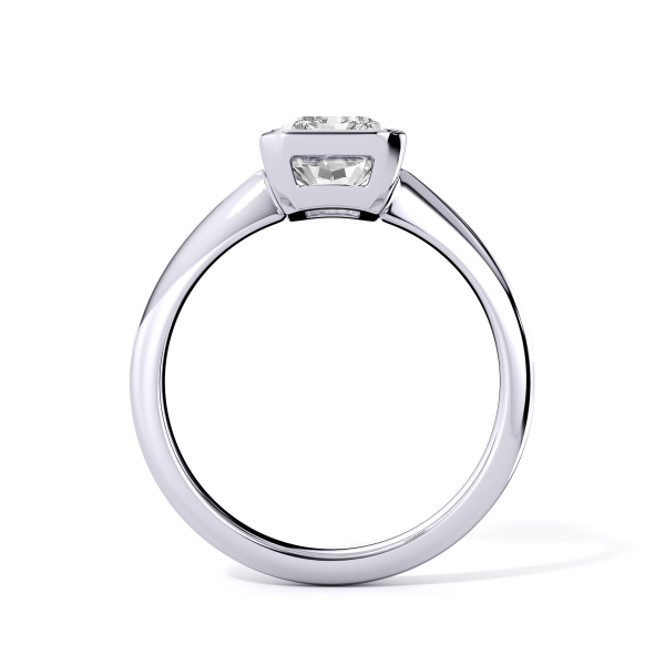 low-profile bezel set solitaire with platinum metal and radiant shape diamond