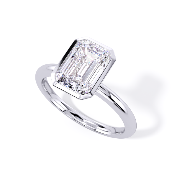classic bezel solitaire with platinum metal and emerald shape diamond