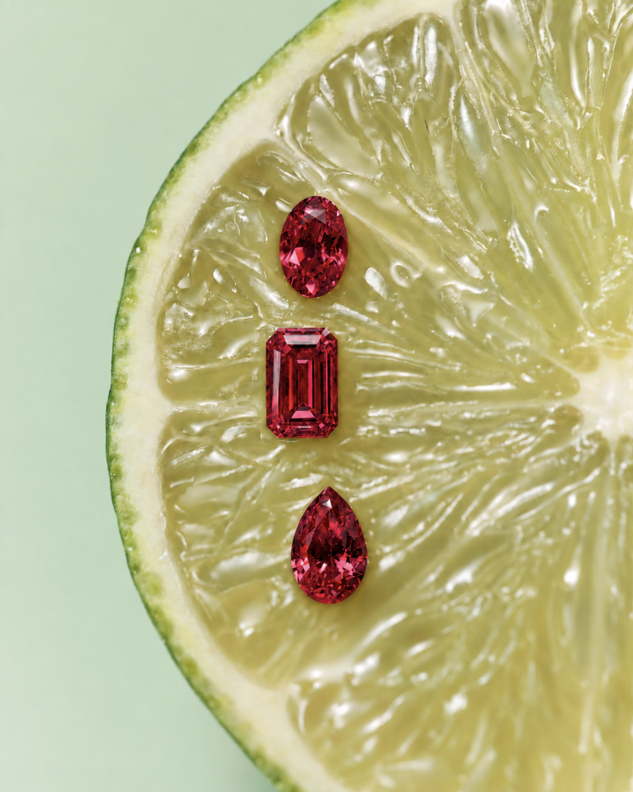 Natural rubies arranged on a lime