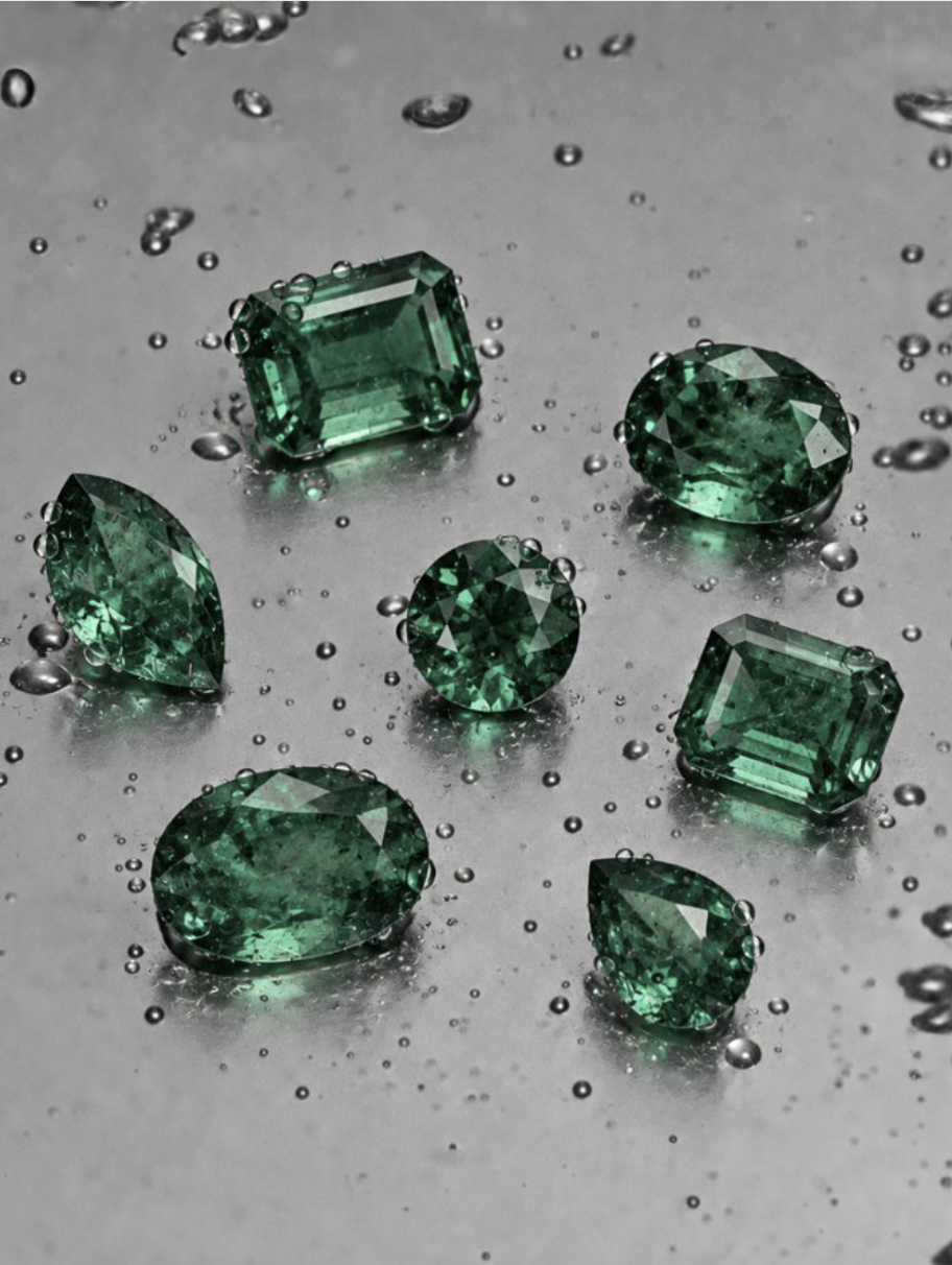 Natural emeralds with water droplets