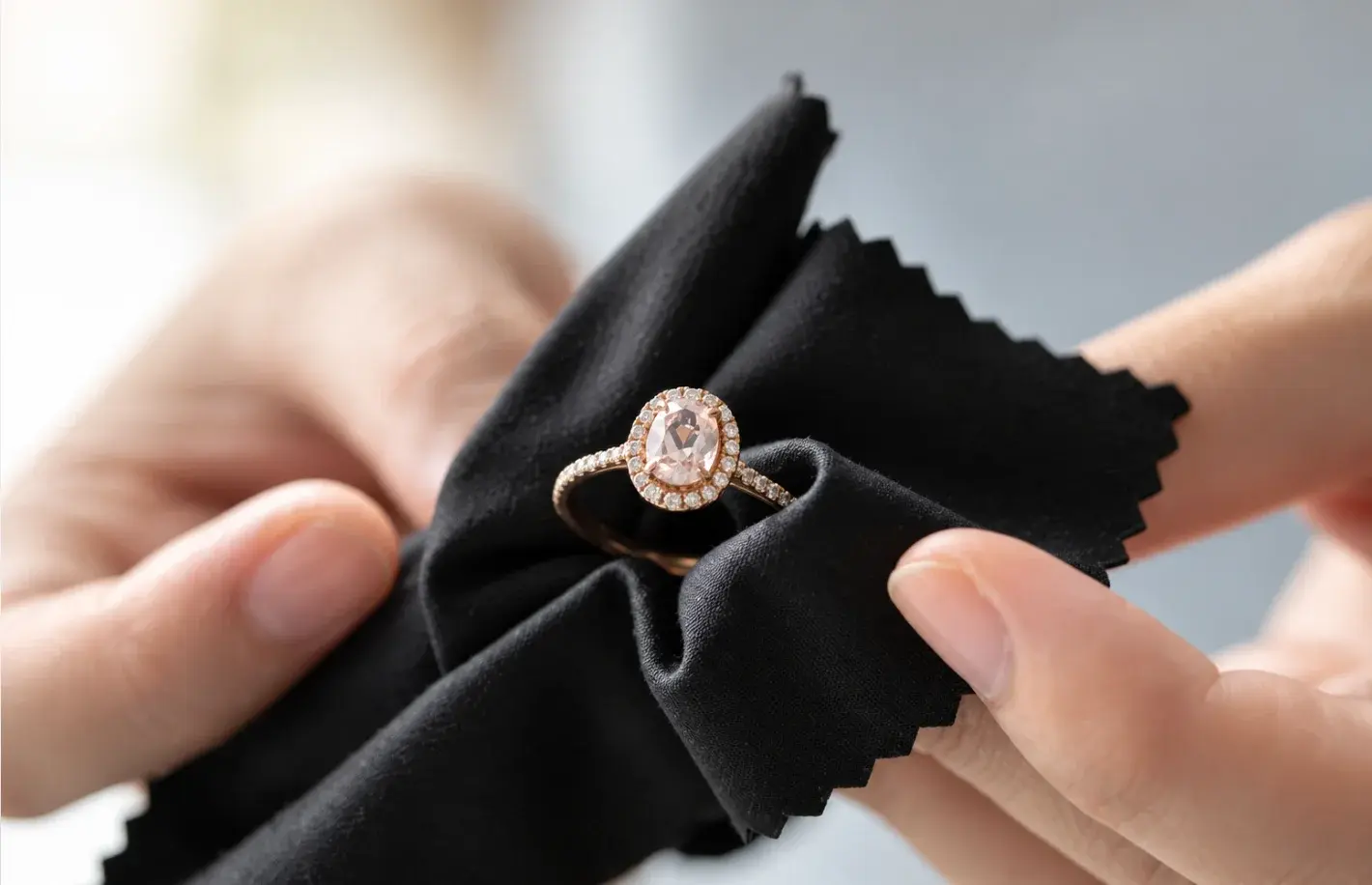 Cleaning a diamond ring with a soft jewellery cloth
